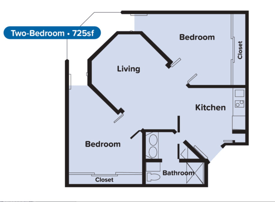 This is a floor plan of a 725 square foot, two-bedroom apartment featuring a living room, kitchen, bathroom, and closet.