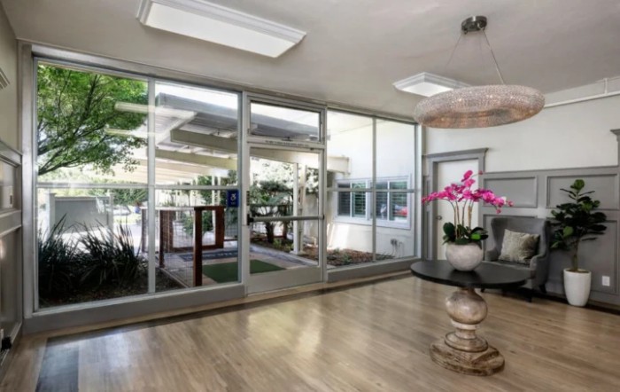 A modern lobby with large glass walls, wooden flooring, and decorative plants, allowing for ample natural light.