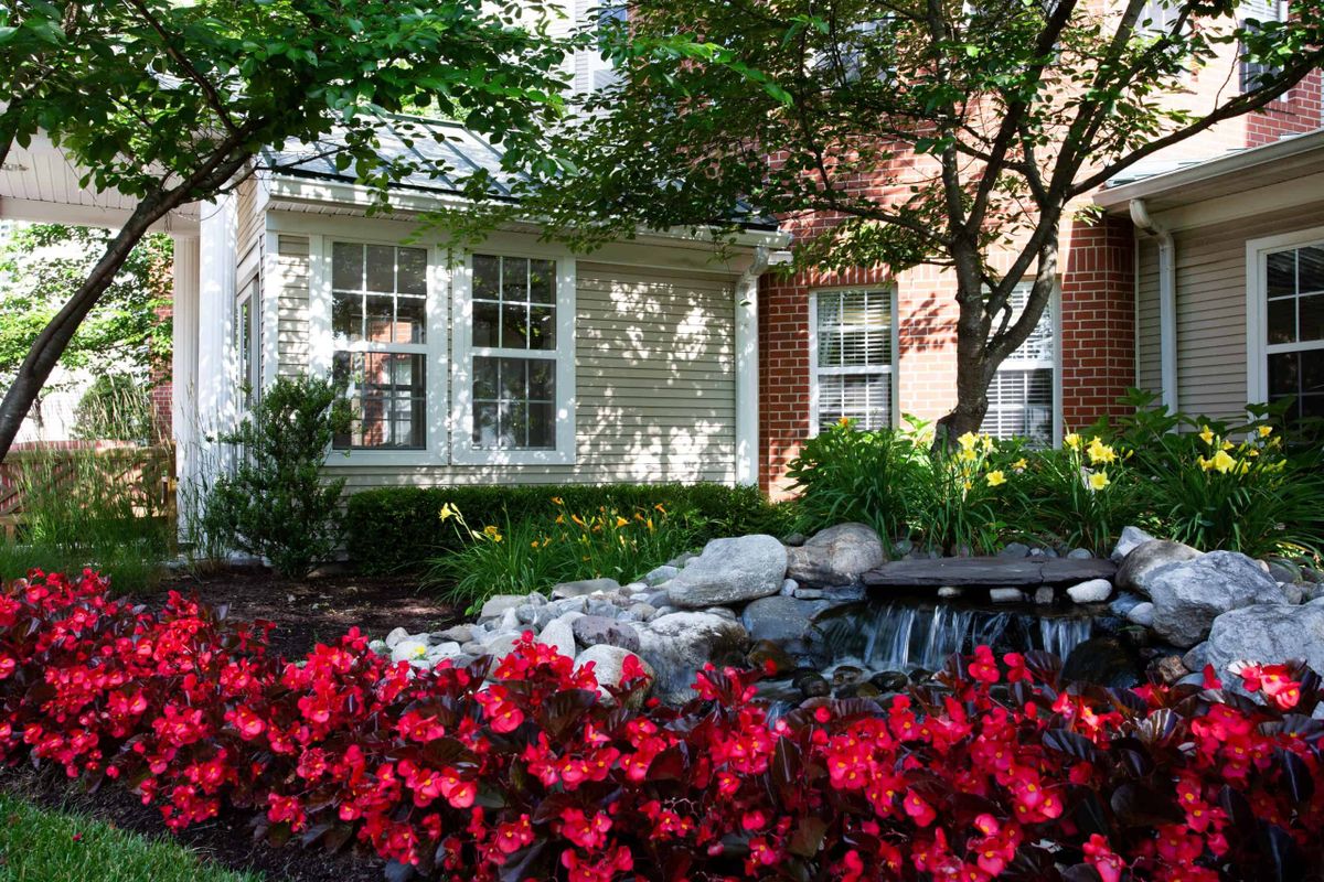 Beautiful garden with a pond and vibrant red flowers in front of a house.