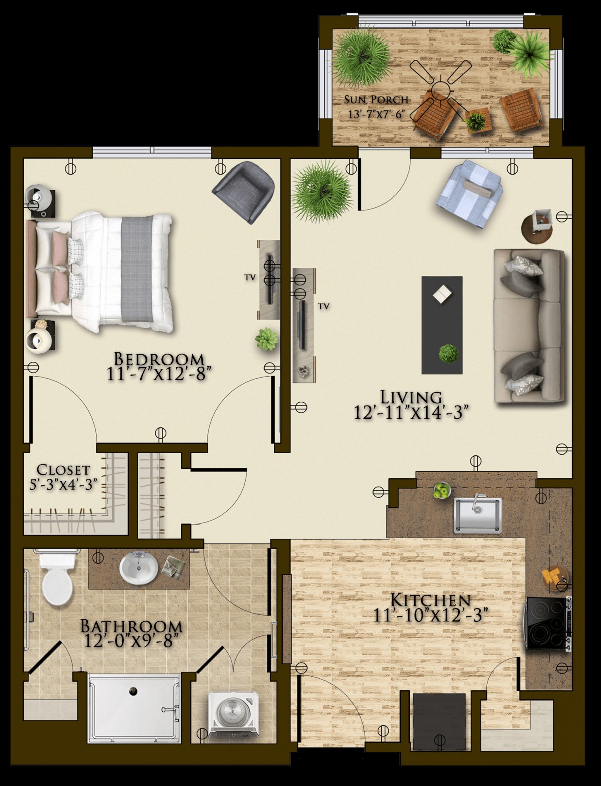 A detailed floor plan of a one-bedroom apartment featuring a living room, kitchen, bathroom, and dining area.