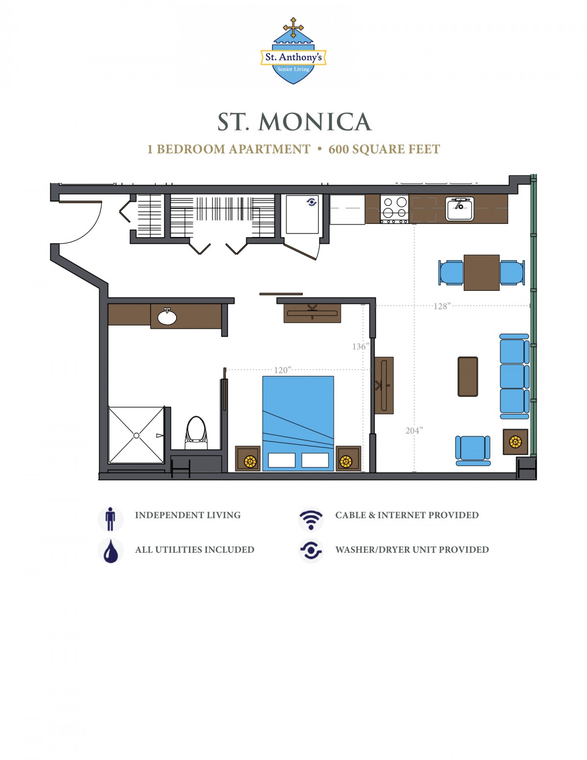 Floor plan of a one-bedroom apartment with labeled furniture and designated areas.