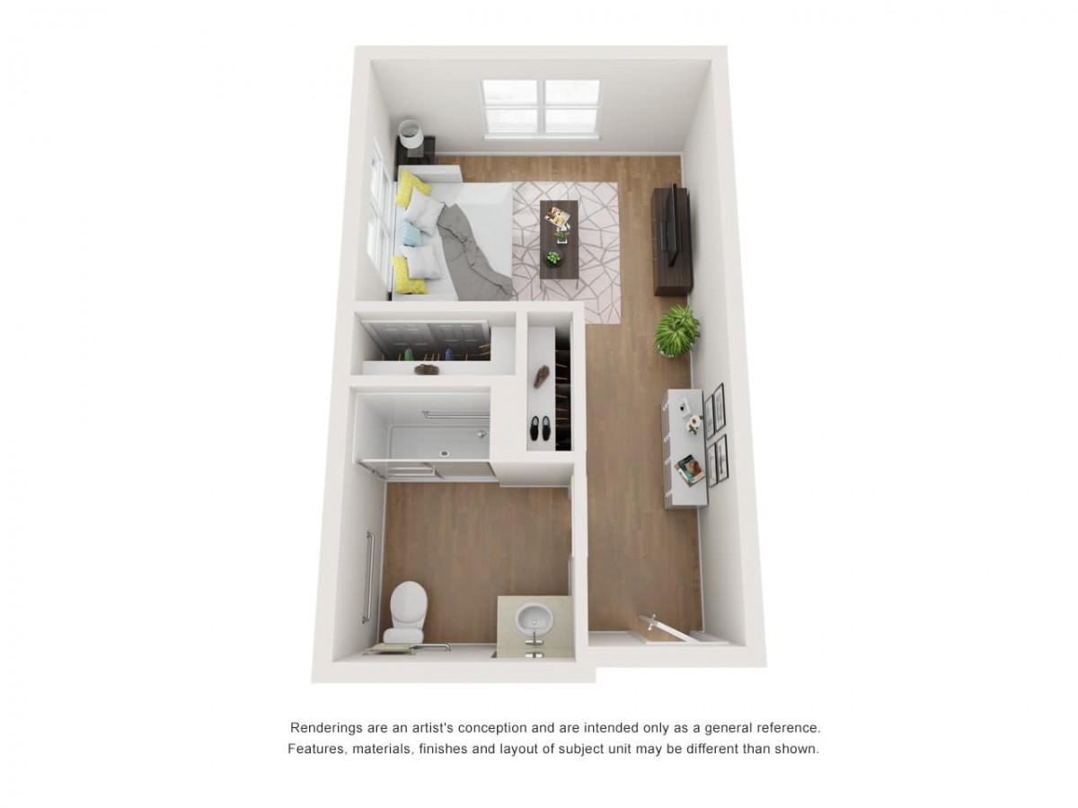 3D floor plan of a compact studio apartment featuring a combined living and sleeping area with an adjoining bathroom.