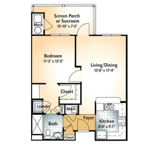 A floor plan of a one-bedroom apartment with a living/dining area, kitchen, bathroom, closet, and screened porch.