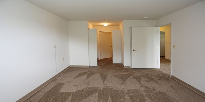 An empty room with carpet flooring and white walls, featuring two doors and overhead lighting.