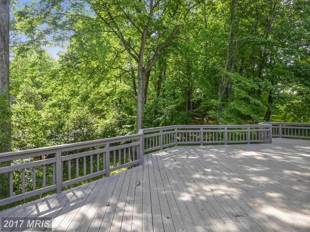 A spacious wooden deck overlooking a lush forest.