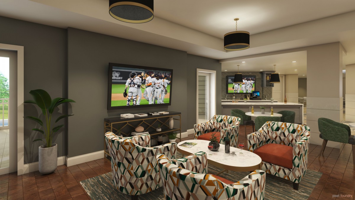 A contemporary living room with a large TV displaying a sports game and stylish seating arrangements.