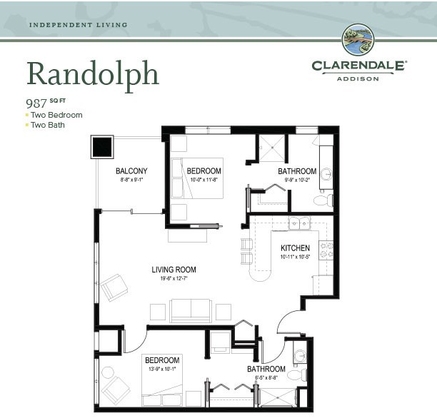 A floor plan layout for the Randolph apartment, featuring two bedrooms and two baths within the Clarendale community.
