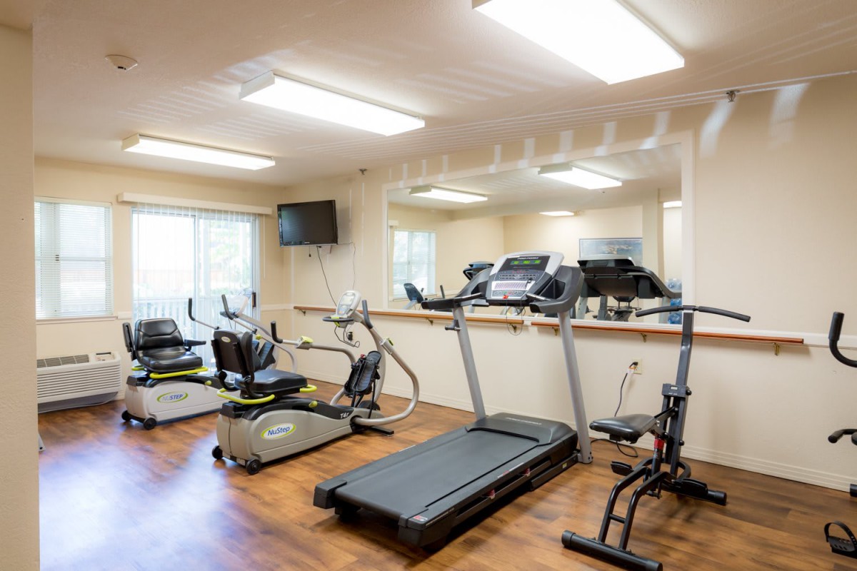 A well-equipped indoor gym with treadmills and exercise bikes.