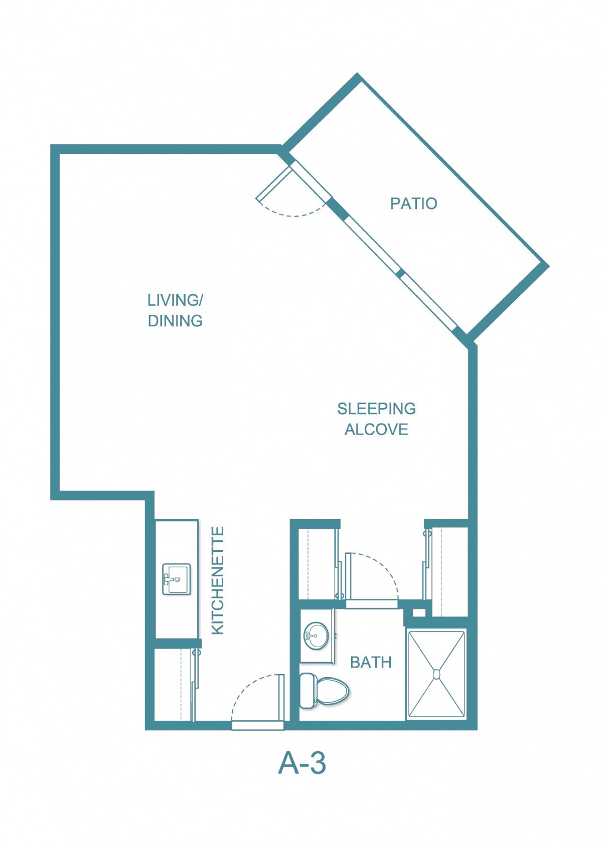 Studio apartment floor plan with patio and sleeping alcove.