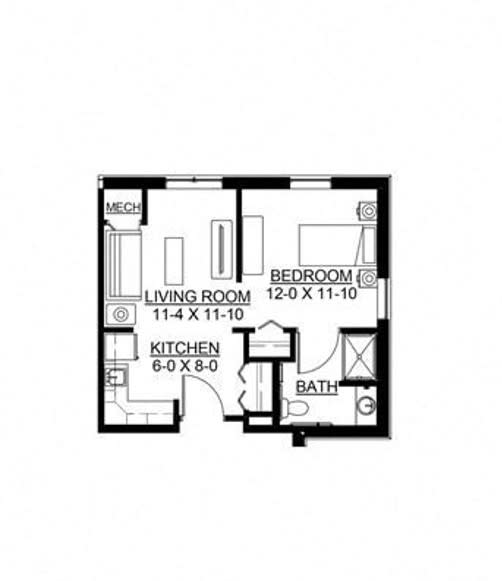 A simple one-bedroom apartment floor plan with living room, kitchen, and bathroom.