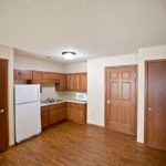 A small apartment kitchen with wooden cabinets and a refrigerator.