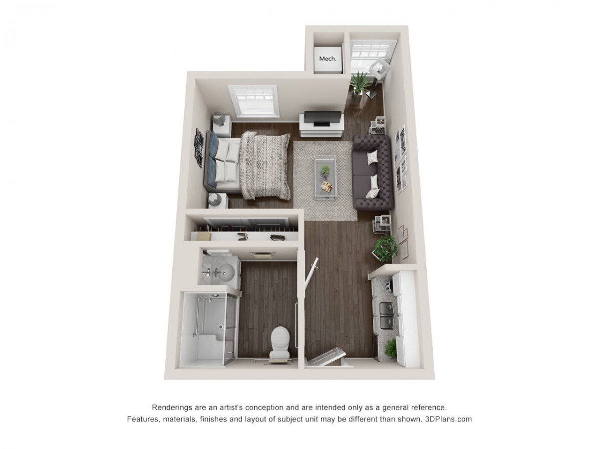 3D floor plan of a one-bedroom apartment showcasing furniture placement and room configuration.