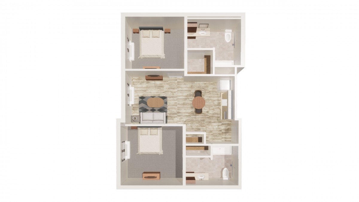 A 2-bedroom apartment floor plan with a central living area and adjoining bedrooms.