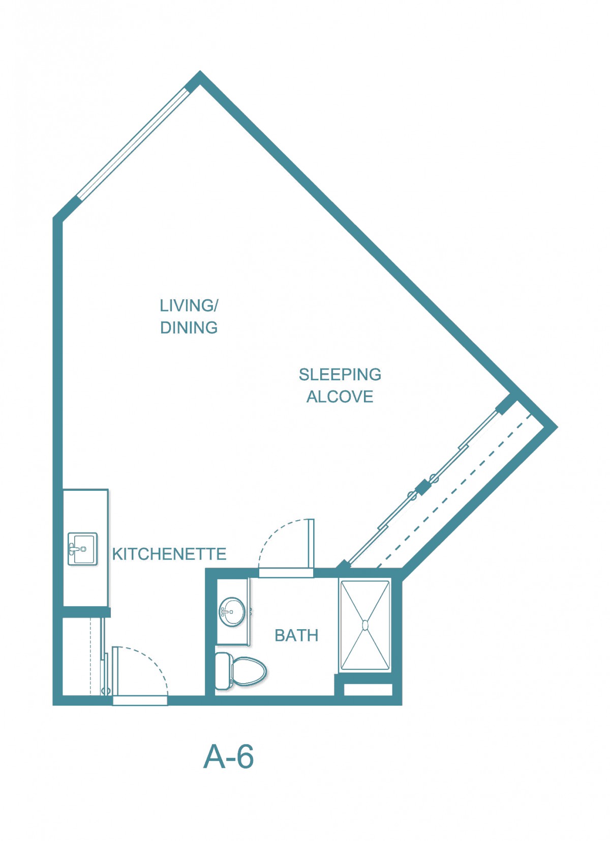 A floor plan of a studio apartment featuring areas for living/dining, sleeping, a kitchenette, and a bathroom.