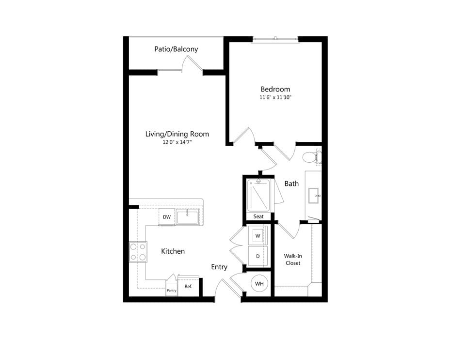 A floor plan of a one-bedroom apartment, featuring a kitchen, living/dining room, and bathroom.