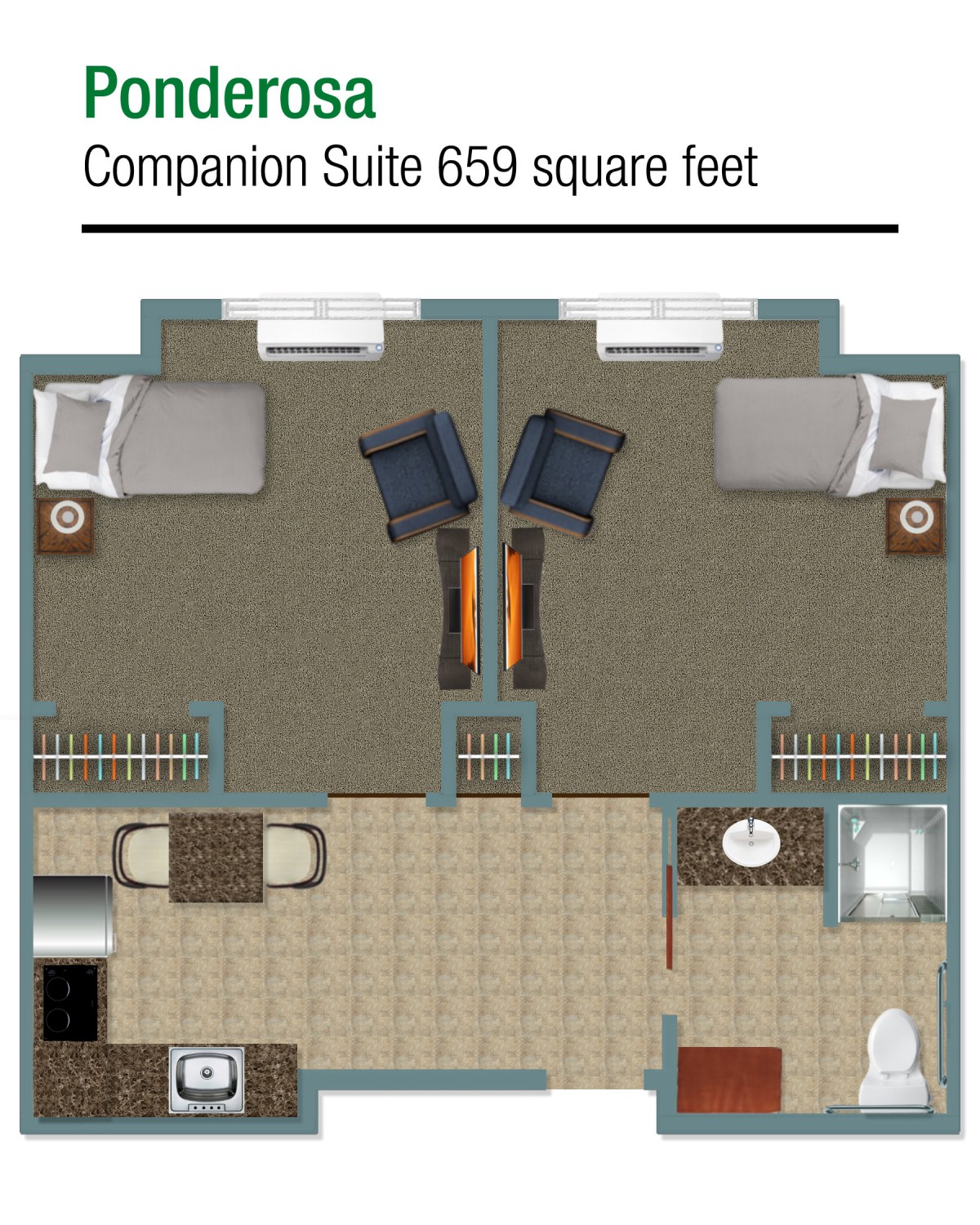 Floor plan of a 669 square feet Companion Suite.