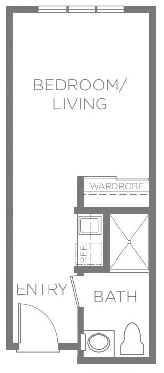 Floor plan showing living space with a wardrobe and refrigerator.