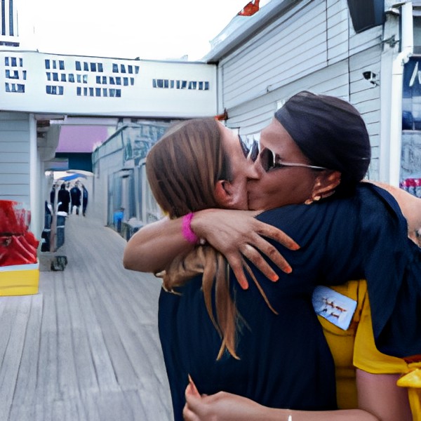 Two people embrace warmly on a boardwalk.