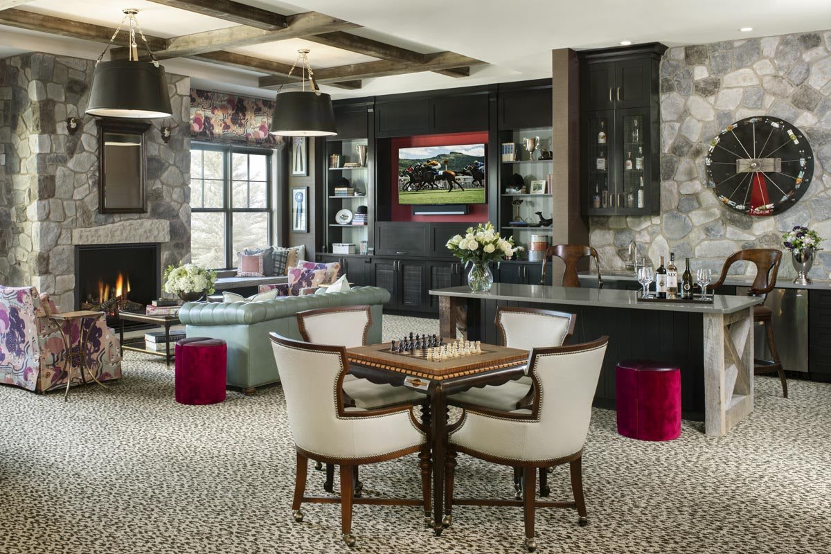 Modern living room featuring a chess table, comfortable seating, and stylish decor.