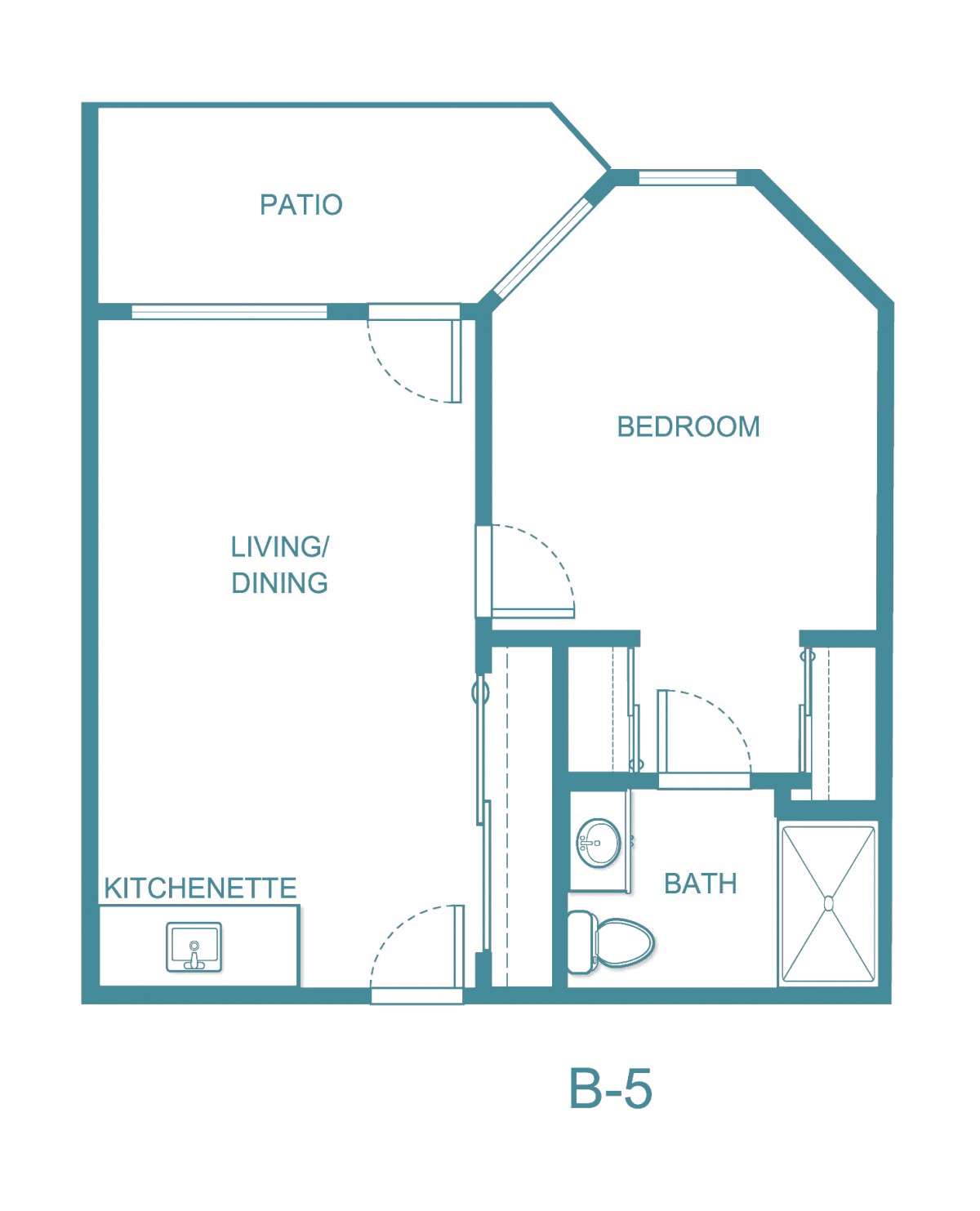 A simple one-bedroom apartment floor plan with a kitchenette, bathroom, living/dining area, and patio.