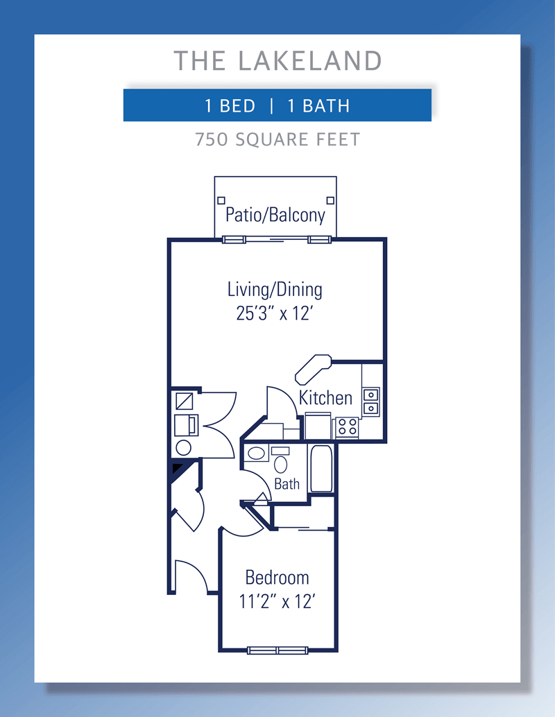 A floor plan for a 1-bedroom, 1-bathroom apartment with a living/dining area and patio/balcony.