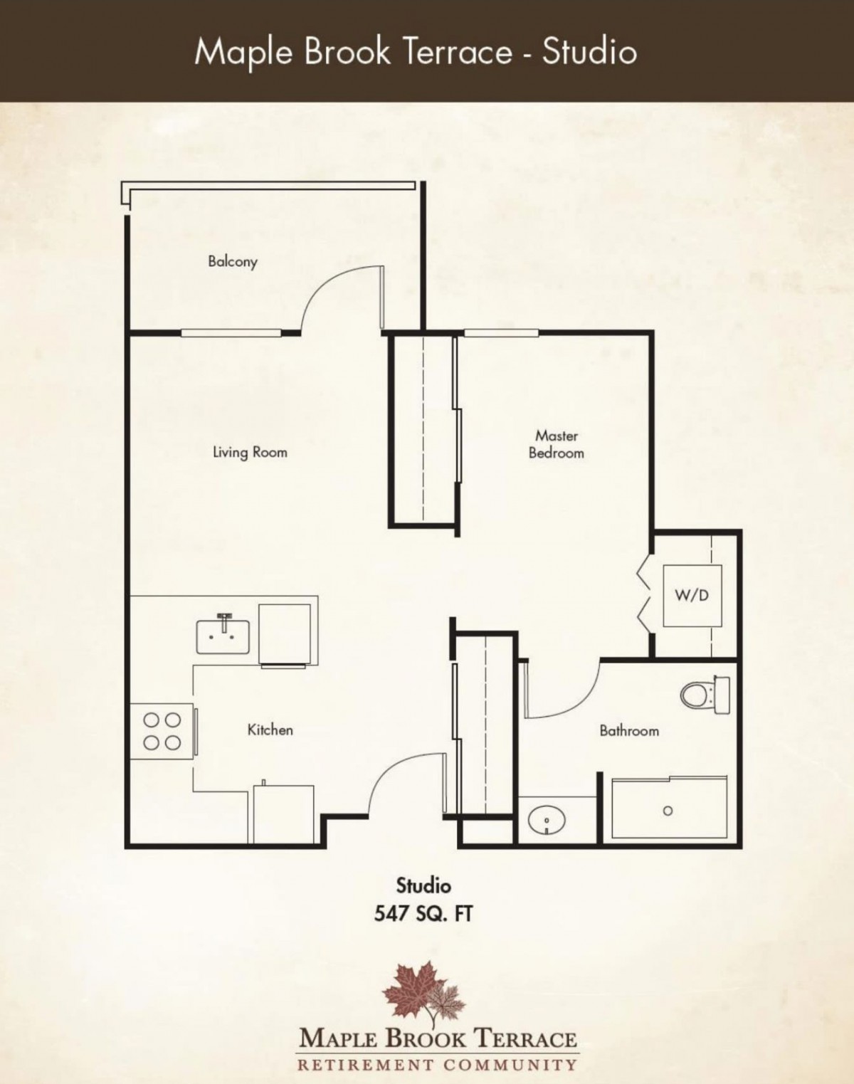 Studio apartment floor plan with a total area of 547 sq. ft.