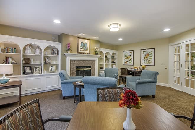 A cozy living room with a fireplace, bookshelves, and comfortable seating.