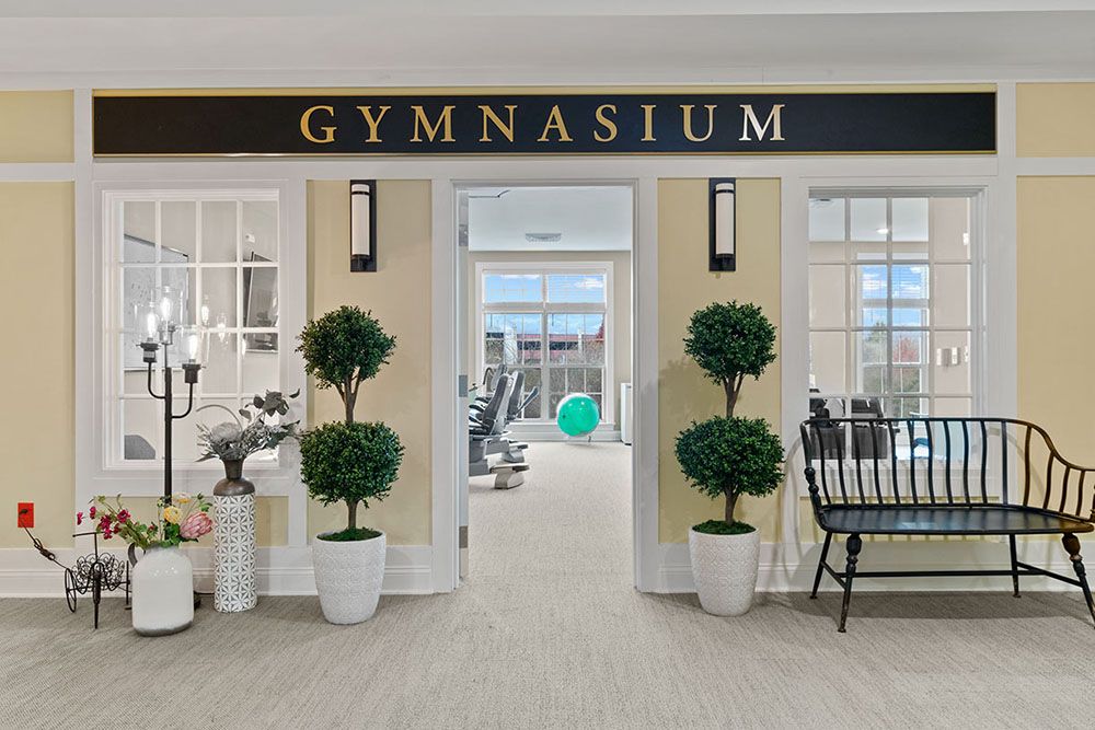 An inviting entrance to a gymnasium with neatly arranged potted plants and exercise equipment visible inside.