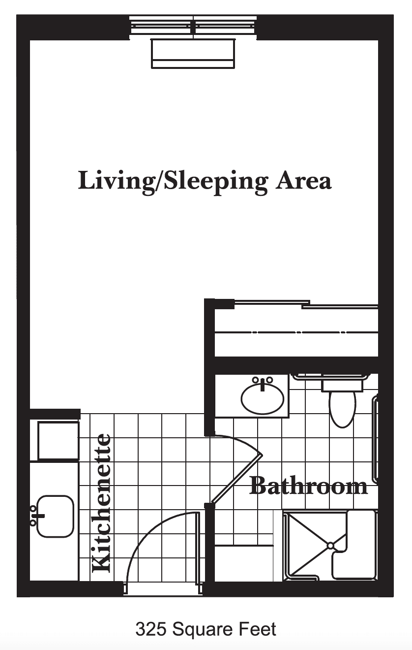 Studio apartment floor plan with a living/sleeping area, kitchenette, and bathroom.