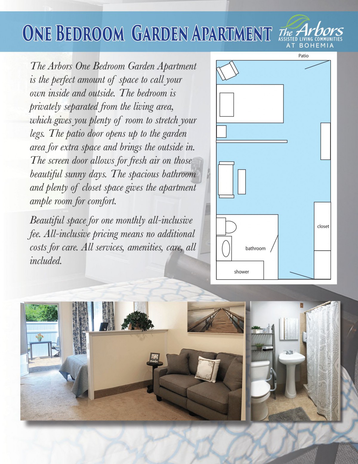 A brochure featuring a modern garden apartment, showcasing a detailed floor plan and images of the living room, kitchen, and bathroom.