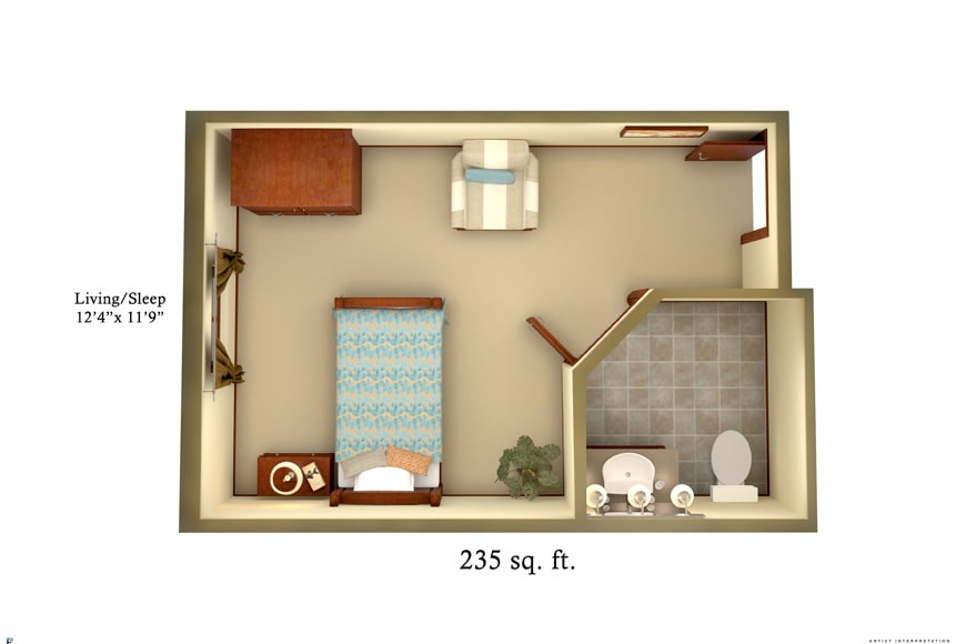 A compact 235 sq. ft. room layout featuring a bedroom with furniture and an attached bathroom.