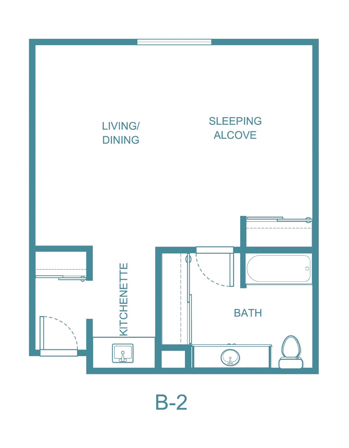 A studio apartment floor plan featuring a living/dining area, sleeping alcove, kitchenette, and bathroom.
