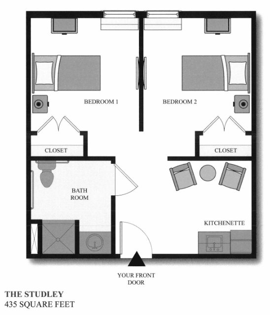 A floor plan of an apartment featuring two bedrooms, a shared bathroom, and a living area.