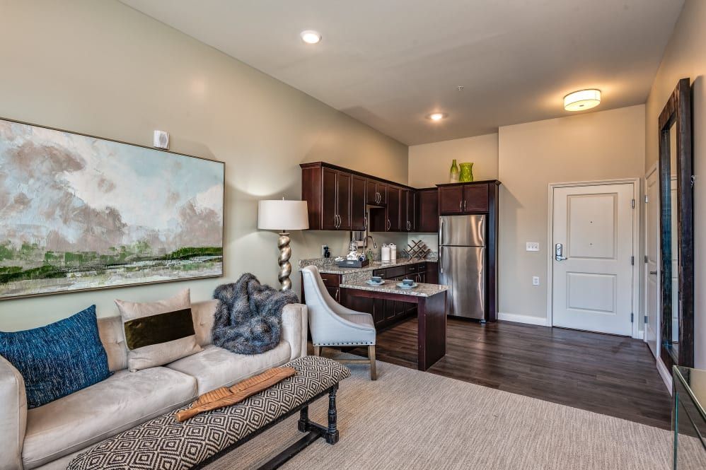 A modern open-plan living room and kitchen with stylish furniture and decor.