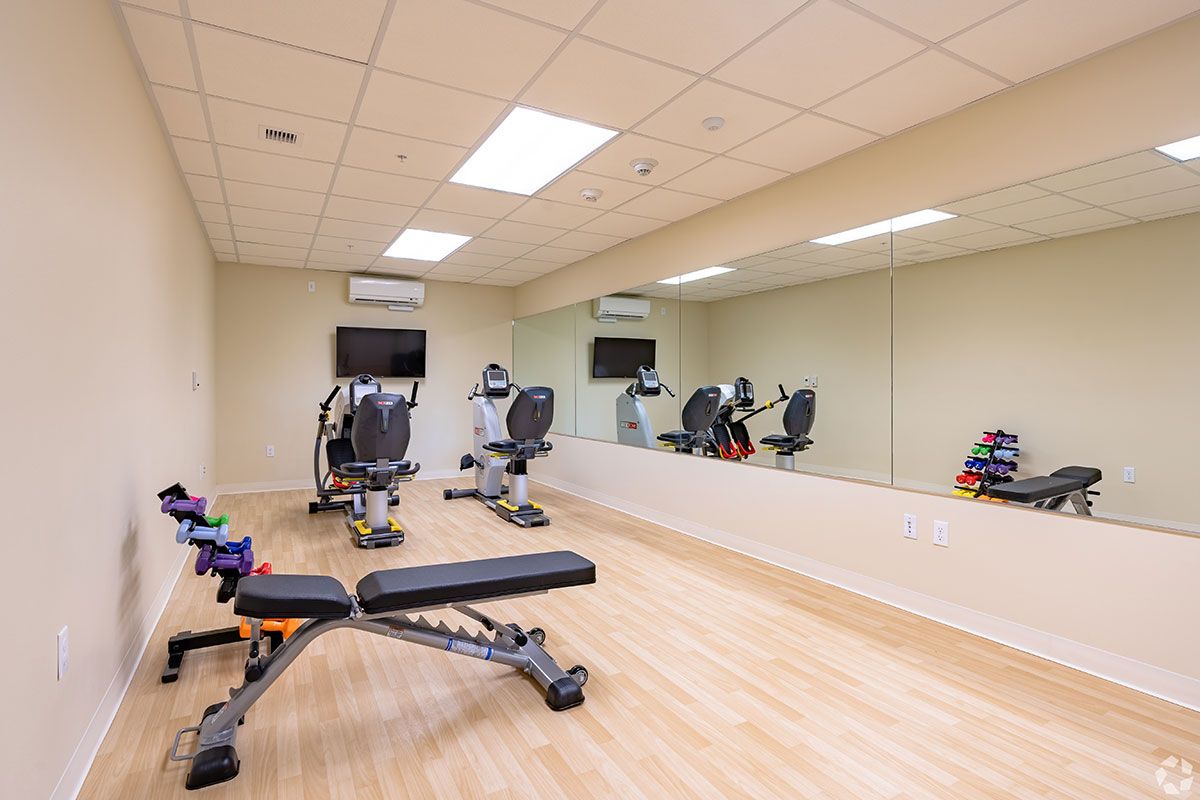A well-equipped gym featuring exercise machines, weights, and a bench in a mirrored room.