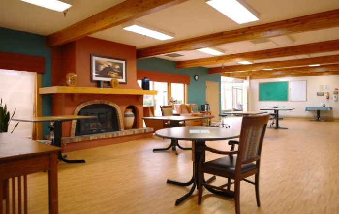 A cozy dining area with a fireplace and wooden furniture.