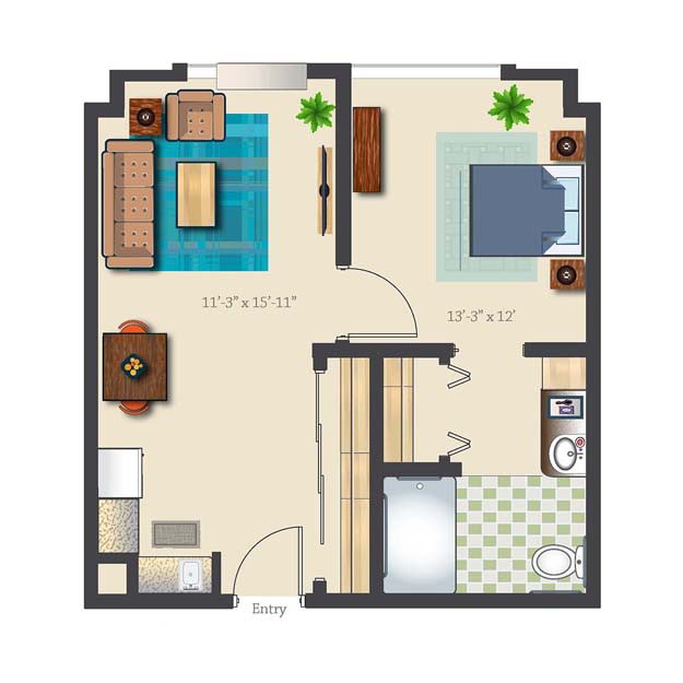 A floor plan illustrating a one-bedroom apartment with a living room, kitchen, bathroom, and bedroom.