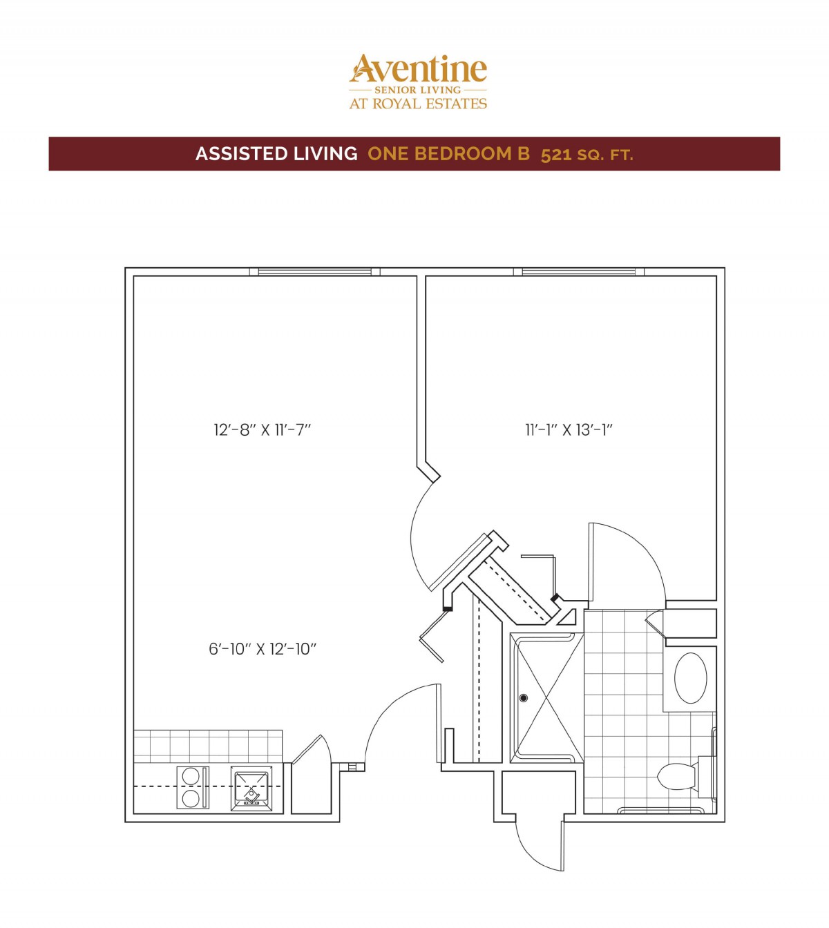 A floor plan of a one-bedroom apartment layout with defined living spaces, kitchen, and bathroom.