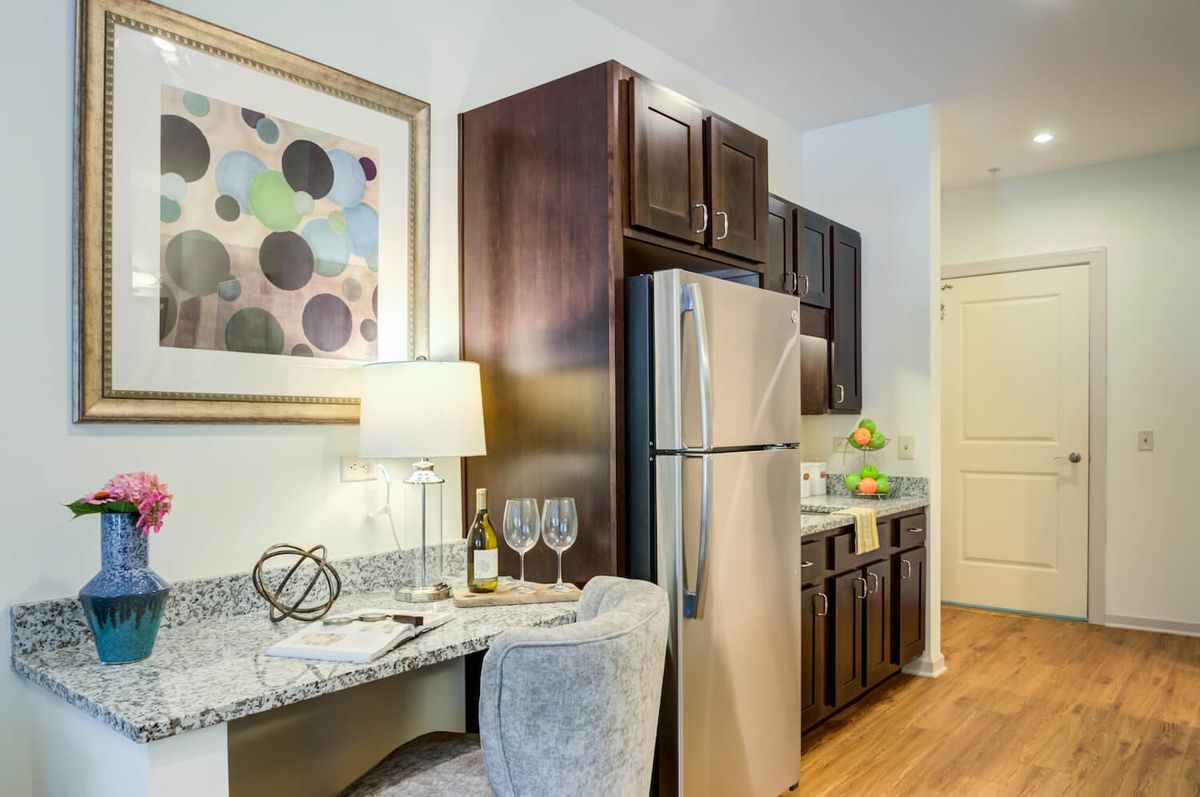 A modern apartment kitchen featuring stainless steel appliances and elegant decor.