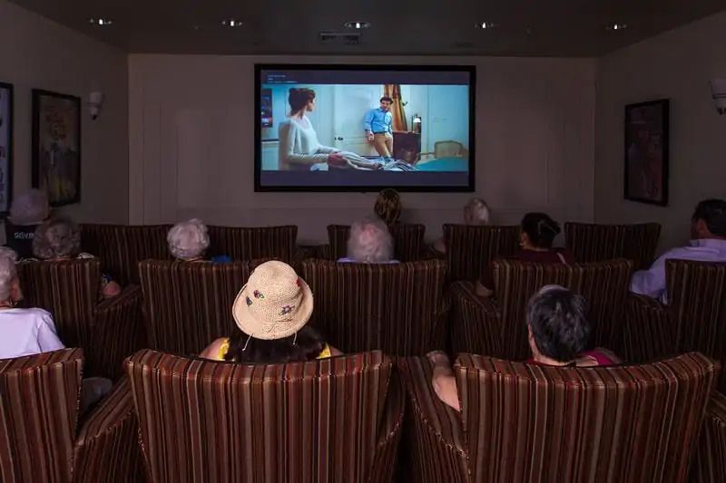 An audience watching a movie in a theater setting.