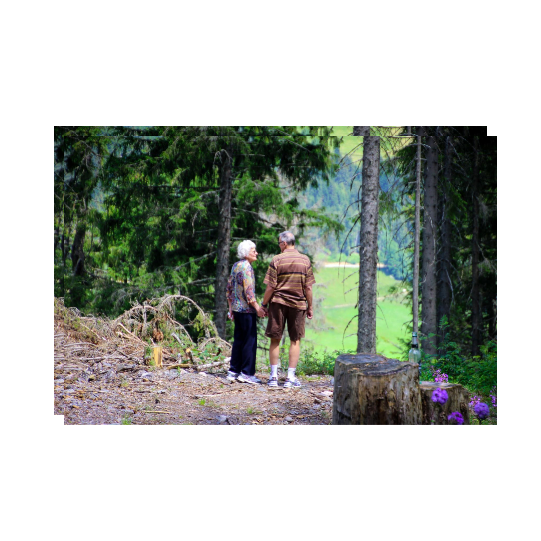 Two people walking in a forest trail.