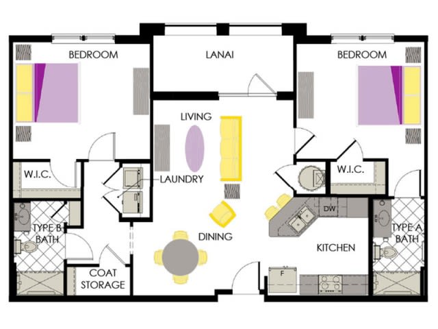 A floor plan of a two-bedroom apartment featuring a living room, kitchen, dining area, and two bathrooms.