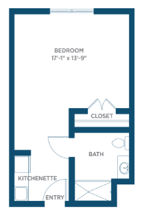 Floor plan of a studio apartment with a bedroom, bathroom, kitchenette, and closet.