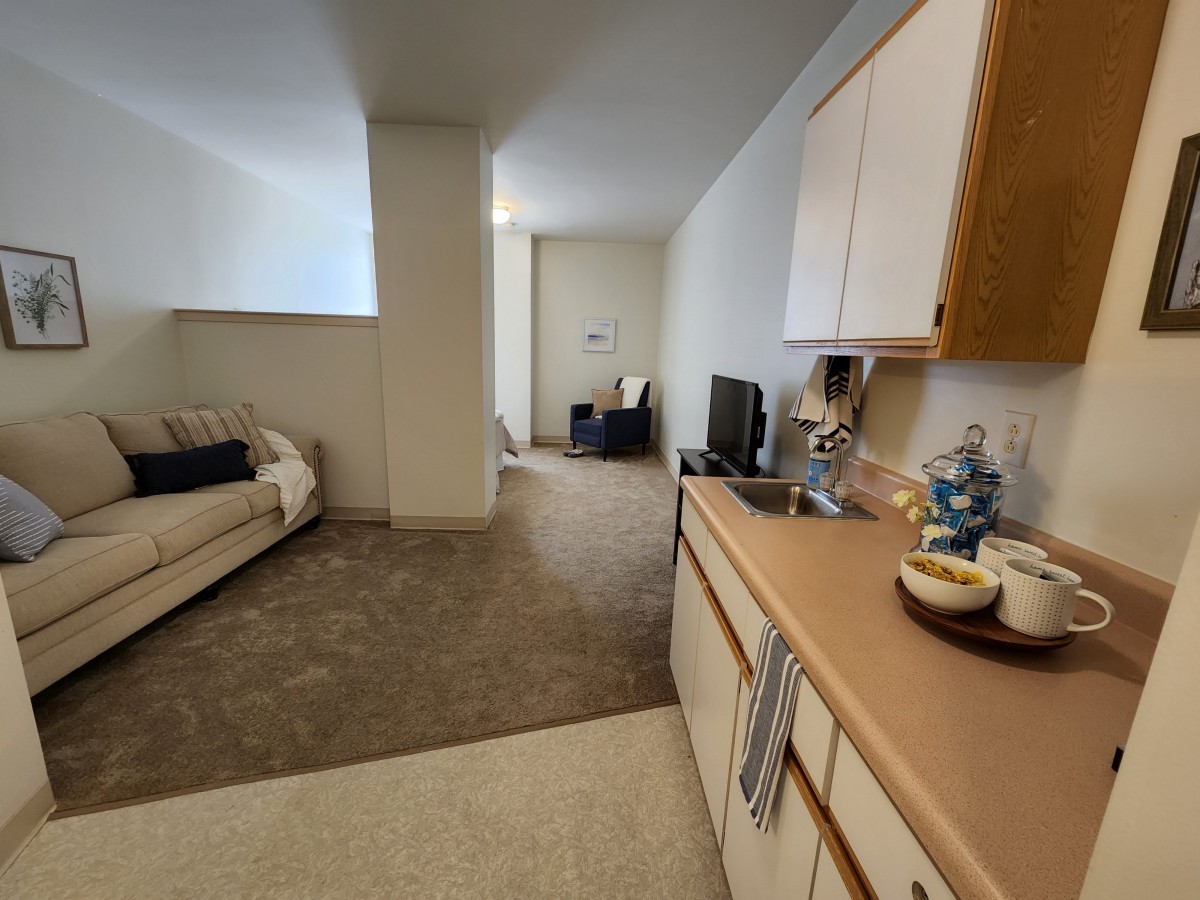 A cozy basement living area with a kitchenette, featuring a sofa, TV, and carpeted floor.