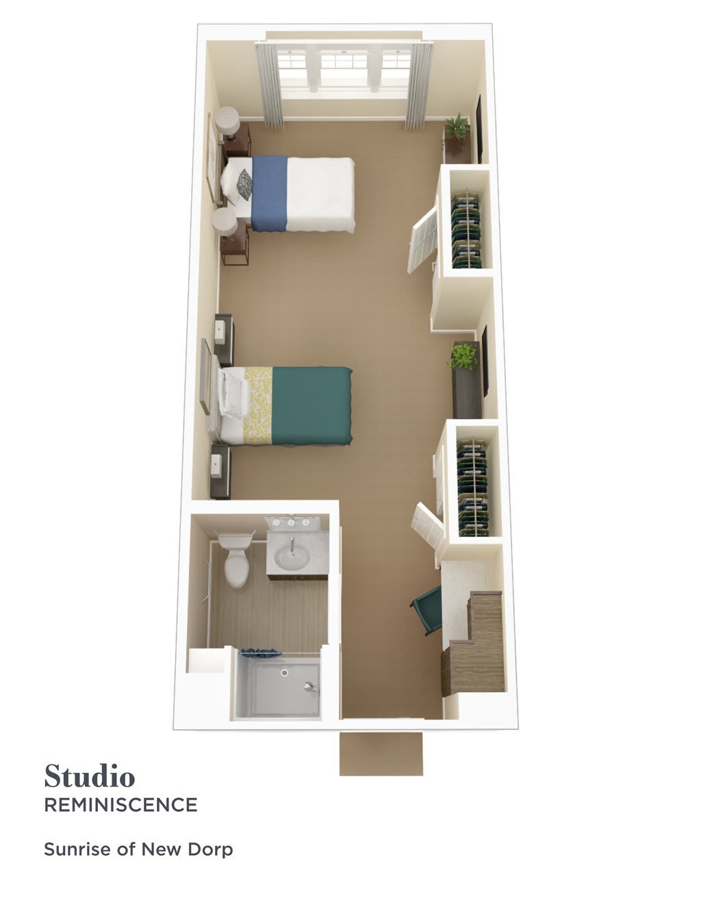 3D floor plan of a studio apartment showcasing the layout with bedroom and bathroom areas.