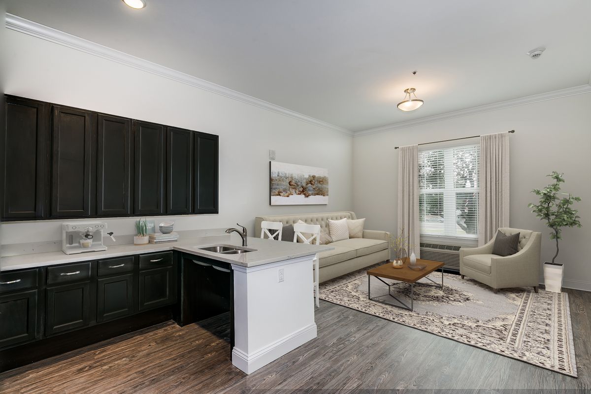 A modern open-concept living room and kitchen with sleek furniture and bright lighting.