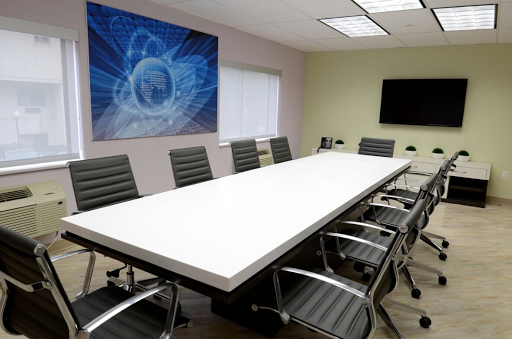 A modern conference room featuring a long white meeting table surrounded by ergonomic chairs and a blue abstract artwork.