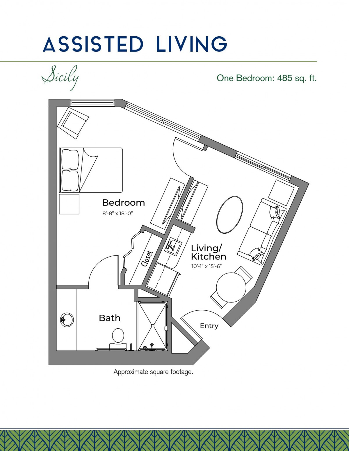 Modern one-bedroom apartment floor plan with living area, kitchen, and bathroom.