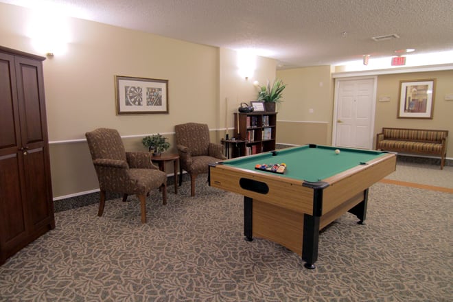 A cozy game room with a pool table, comfortable chairs, and a bookshelf.