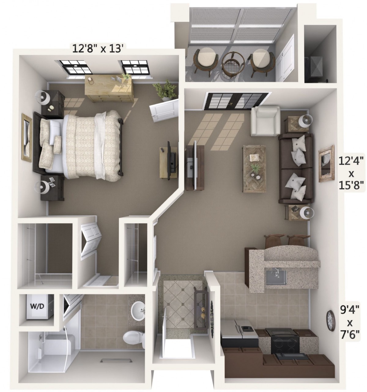 This is a floor plan of a one-bedroom apartment, highlighting the layout of rooms and amenities.